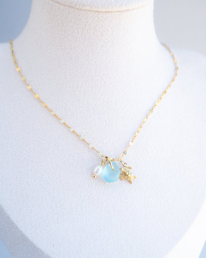 OCEANIC BLUE TRIO NECKLACE ~ Gold Tiny Turtle, Sea Glass and Pearl II