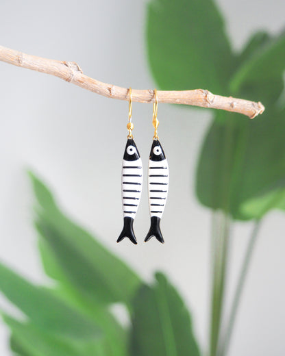 Nautical Striped Sardine Fish Earrings with green plant background, Black and White Striped Fish Pendant, Beautiful gift for Portugal lovers or holiday memory, coastal jewelry from Portugal