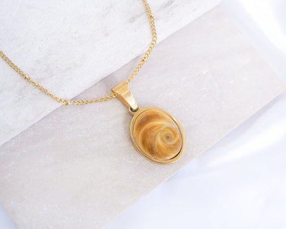 Brown Orange Eye of Saint Lucia Gold Necklace on cotton displayed, 18k gold stainless steel brown shiva eye pendant necklace, Saint Lucy Eye, operculum pendant