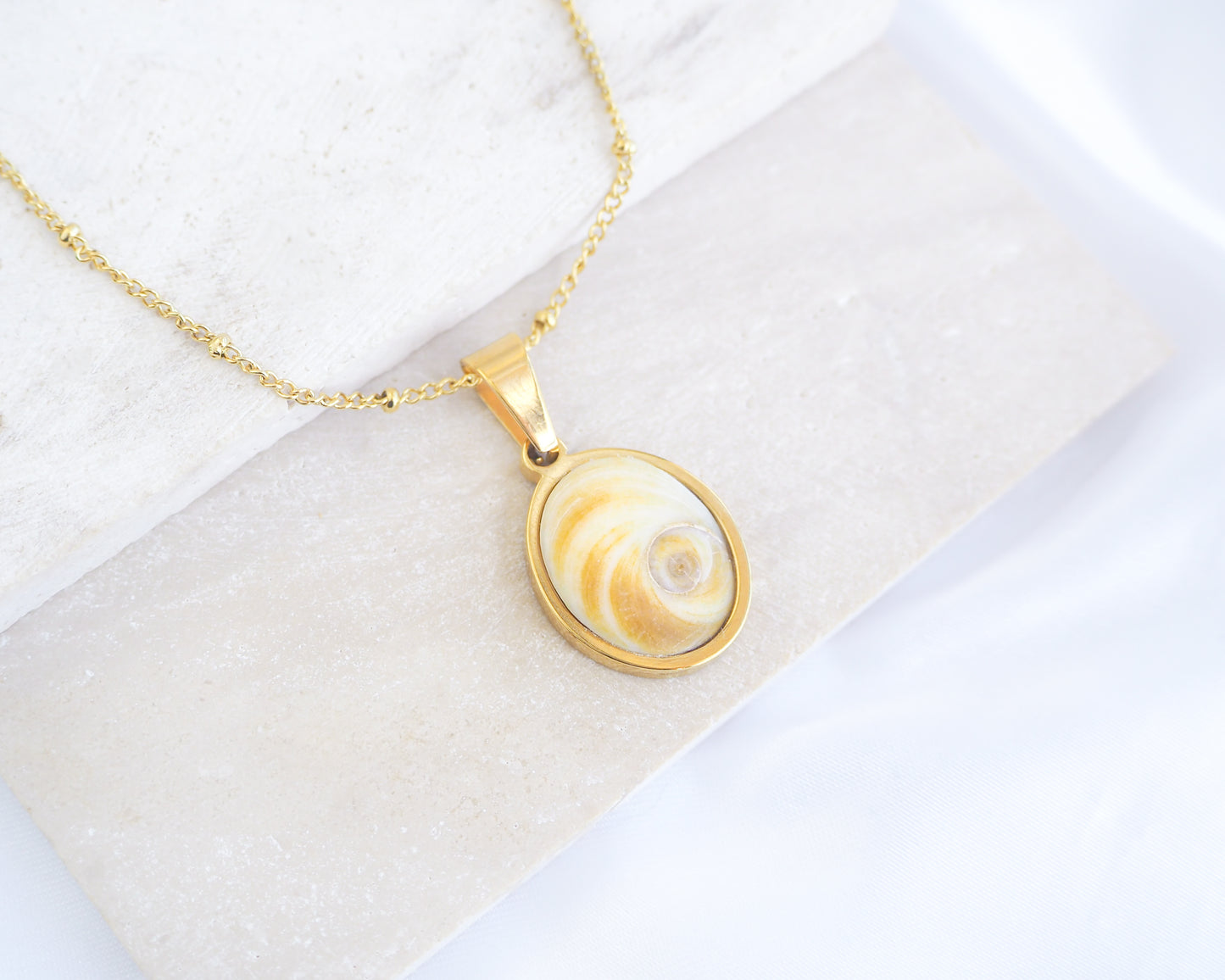 SEASHELL NECKLACE ~ Yellow Orange Eye of Saint Lucia Gold V