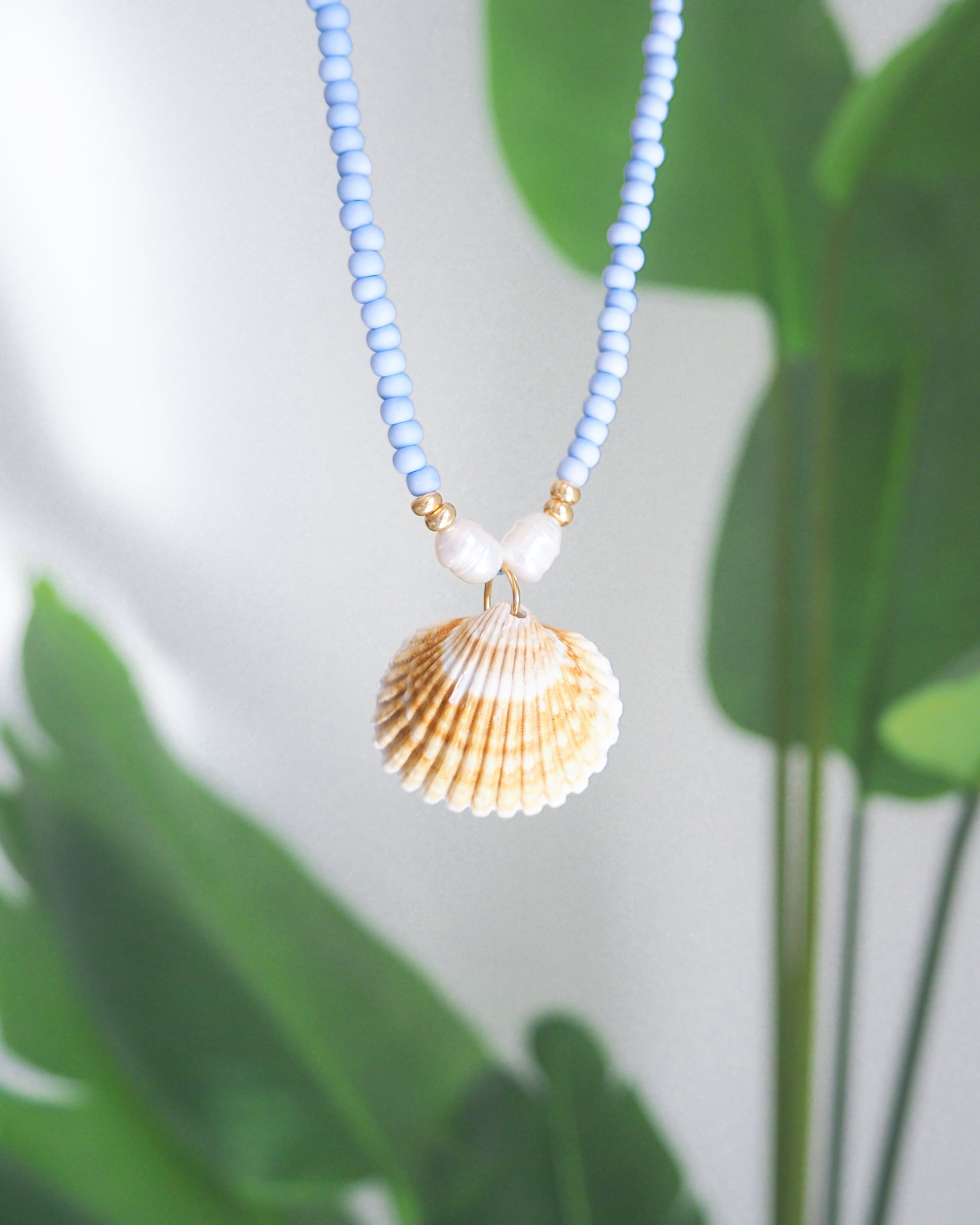 Front view of soft blue necklace with big shell pendant and green plant background. The necklace is made with soft blue seed beads and freshwater pearls and a big mediterranean cockle shell. The shell is handpicked from Portugal and is a clam shaped shell with white and orange yellow lines. 