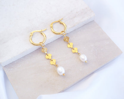 Gold hoop drop earrings with gold shells charms and freshwater pearl on a white background. The earrings are made with 14k gold stainless steel and ivory white freshwater pearls. The three shell charms are tiny and detailed. 