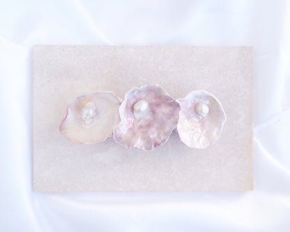 Close up of Pearl oyster shell hair clip with pearls on a stone background. Made with handpicked jingle shells saddle oysters from Portugal. Jingle Shell Pearl Hair clip. pearly shell Hair Clip Barrette on stone displayed, Boho Seashell Beach Clip from Portugal, Handpicked Real Shells, Seashell Hair Decoration, Bohemian Seashell Wedding Hair accessories, Coastal Christmas gift, Beach Wedding Hair