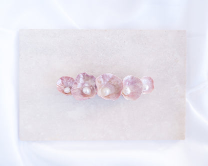 Mini Jingle Shell Pearl Hair clip II on stone displayed. Pearly shell Hair Clip Barrette made with pink fuchsia jingle shells from Portugal., Boho Seashell Beach Clip from Portugal, Handpicked Real Shells, Seashell Hair Decoration, Bohemian Seashell Wedding Hair Assocciares, Coastal Christmas gift, Beach Wedding Hair