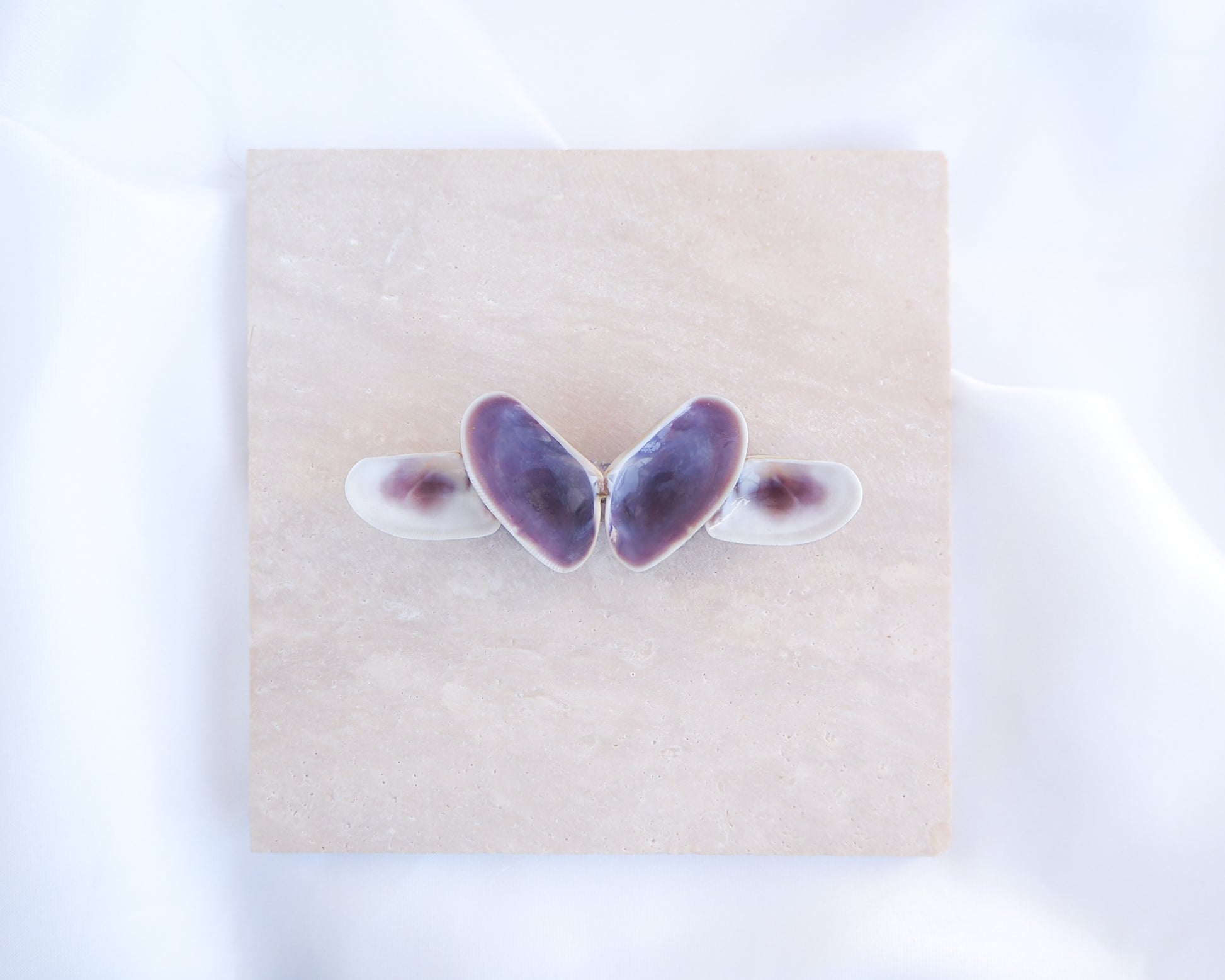 Butterfly-shaped hair clip on a beige card with a white background. Made with purple white colored coquina shells set on a metal hair clip like a butterfly. Handpicked coquina shells from Portugal, Handpicked Real Coquina Shells, Sea Butterfly Shell Hair Decoration, Seashell Wedding Hair accessories, Coastal Christmas gift, Beach Wedding Hair