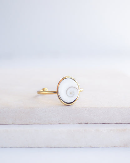 Gold bezel ring with a white shiva eye on stone displayed with light background. White Eye of Saint Lucia Gold Ring on stone displayed, 18k gold stainless steel shiva eye operculum, Saint Lucy Eye, operculum pendant