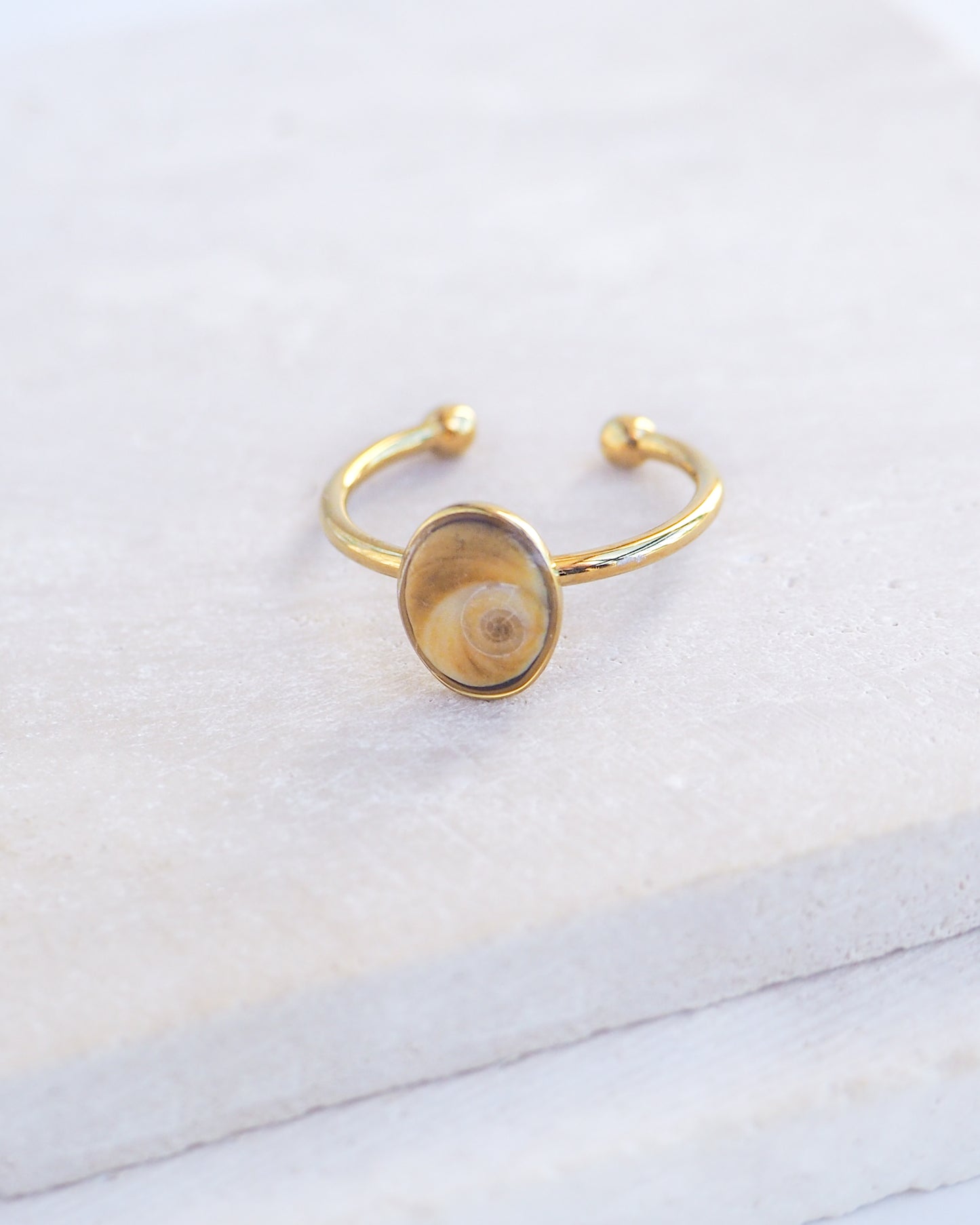 Side view of Gold bezel ring with a tiny brown shiva eye on stone displayed with light background. Tiny brown Eye of Saint Lucia Gold Ring on stone displayed, 18k gold stainless steel shiva eye operculum, Saint Lucy Eye, operculum pendant
