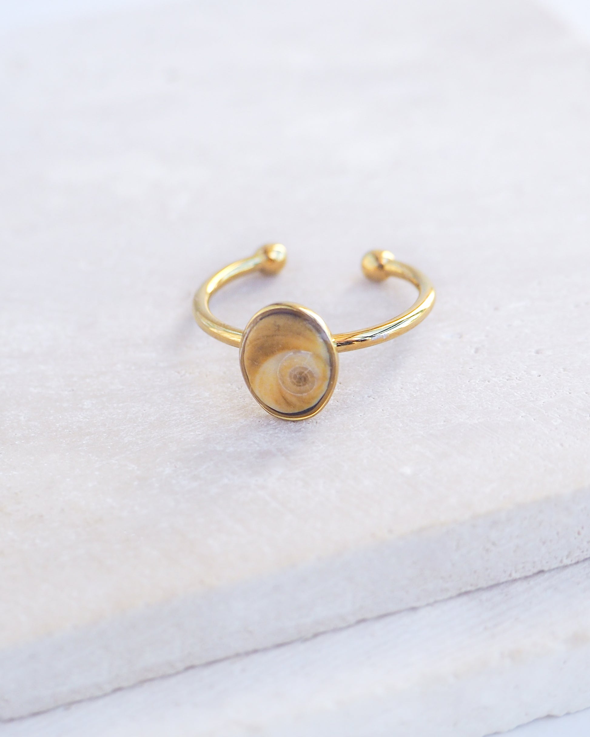 Side view of Gold bezel ring with a tiny brown shiva eye on stone displayed with light background. Tiny brown Eye of Saint Lucia Gold Ring on stone displayed, 18k gold stainless steel shiva eye operculum, Saint Lucy Eye, operculum pendant