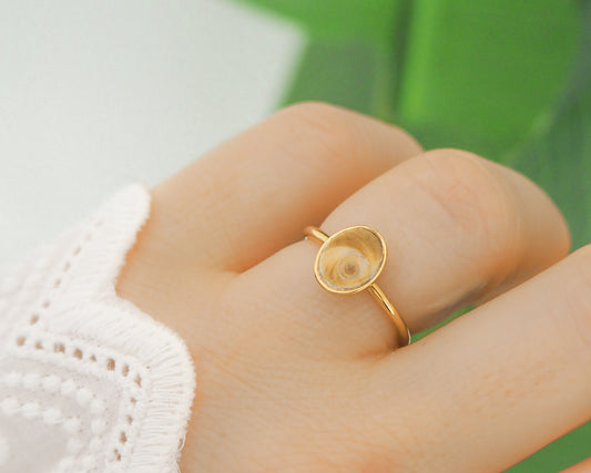 Close up of gold bezel ring with a tiny brown shiva eye finger model with green plant background. Tiny brown Eye of Saint Lucia Gold Ring on stone displayed, 18k gold stainless steel shiva eye operculum, Saint Lucy Eye, operculum pendant