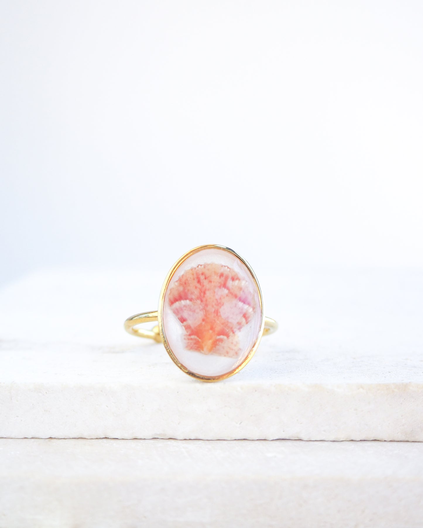 Tiny Scallop Shell Gold Ring on stone displayed. Tiny Orange Pink Scallop Shell Bezel Ring, 18k gold stainless steel, handpicked scallop shell from the beach of Portugal, 