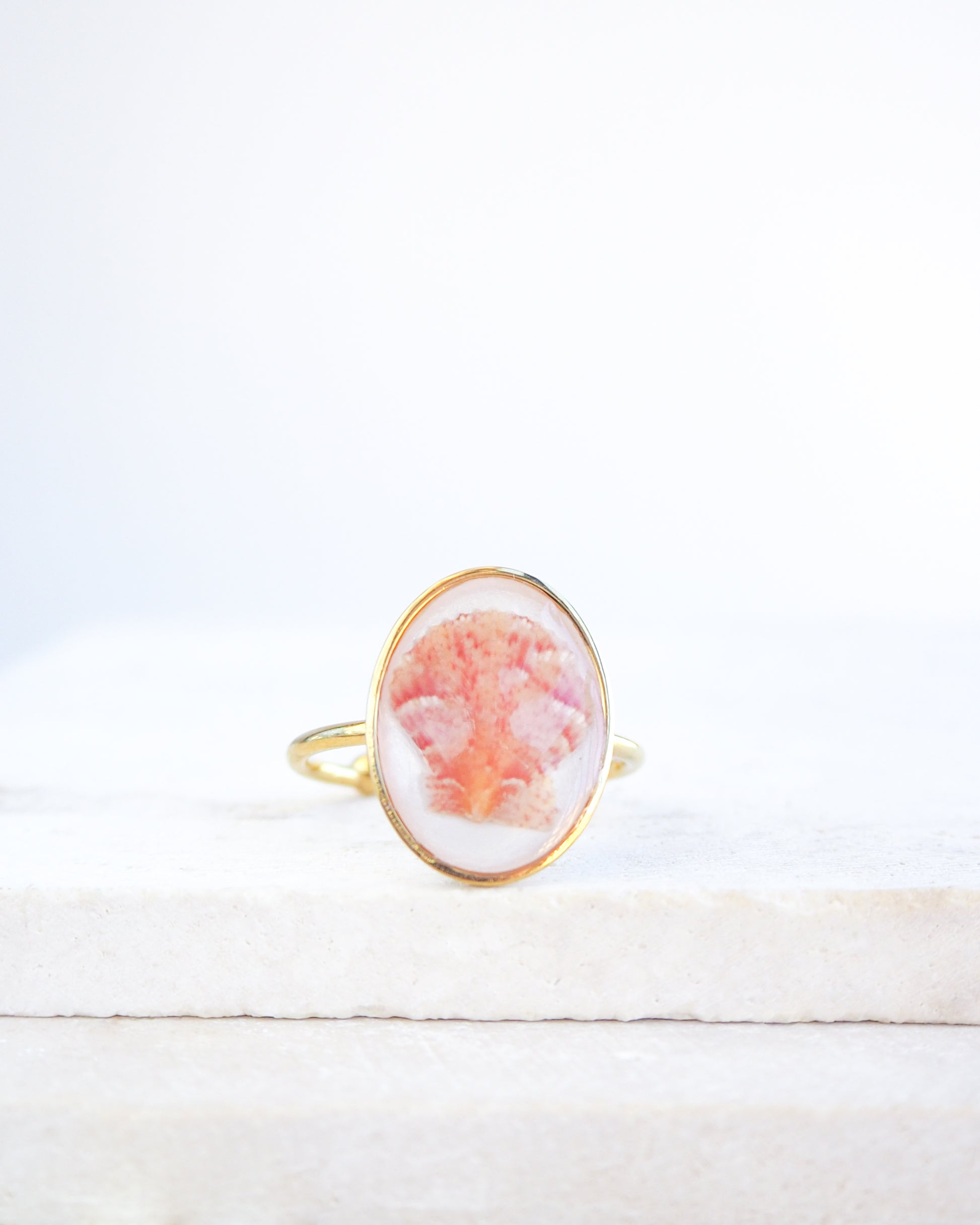 Tiny Scallop Shell Gold Ring on stone displayed. Tiny Orange Pink Scallop Shell Bezel Ring, 18k gold stainless steel, handpicked scallop shell from the beach of Portugal, 