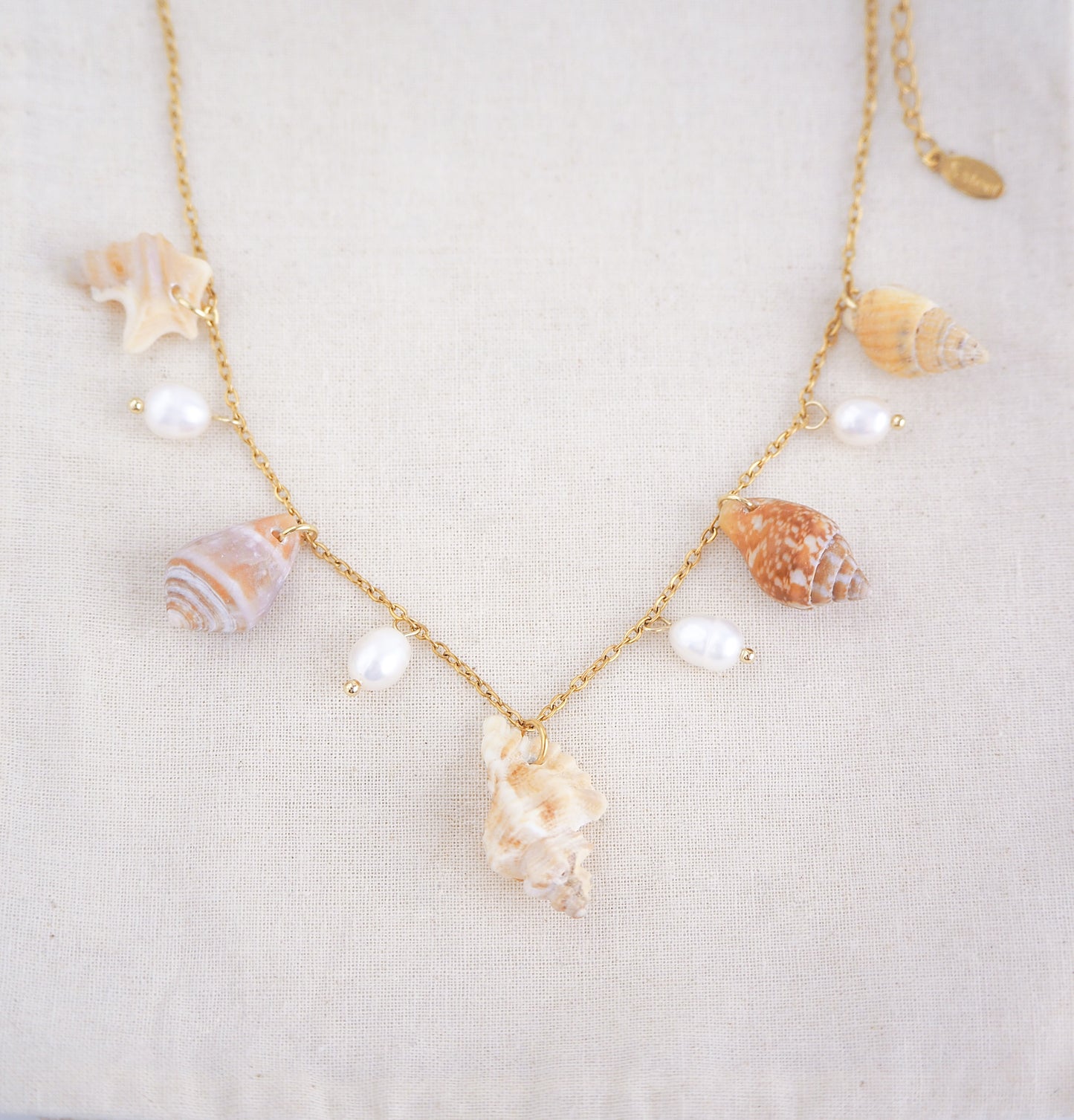 Front view of necklace with seashells and pearls on a white surface. Portuguese Shell Pearl Charm Necklace with tiny shells from Portugal. Mediterranean cone shell, pelican foot shell, rustic dove shell, netted dog whelk shell, sting winkle shell. Ivory white Freshwater pearls