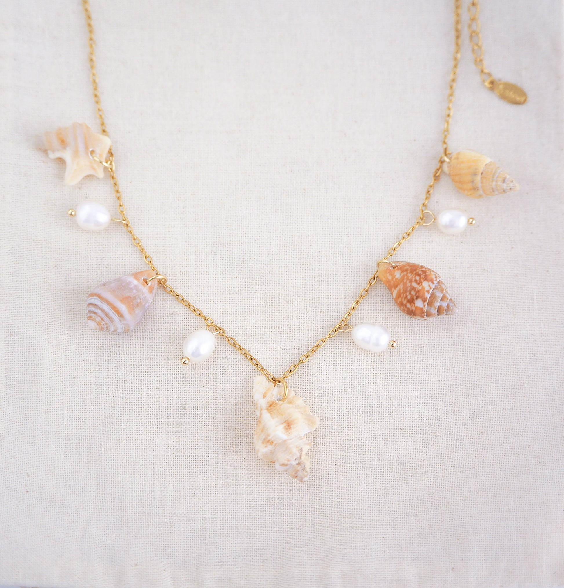 Front view of necklace with seashells and pearls on a white surface. Portuguese Shell Pearl Charm Necklace with tiny shells from Portugal. Mediterranean cone shell, pelican foot shell, rustic dove shell, netted dog whelk shell, sting winkle shell. Ivory white Freshwater pearls