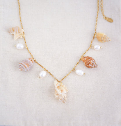 Front view of necklace with seashells and pearls on a white surface. Portuguese Shell Pearl Charm Necklace with tiny shells from Portugal. Mediterranean cone shell, pelican foot shell, rustic dove shell, netted dog whelk shell, sting winkle shell. Ivory white Freshwater pearls