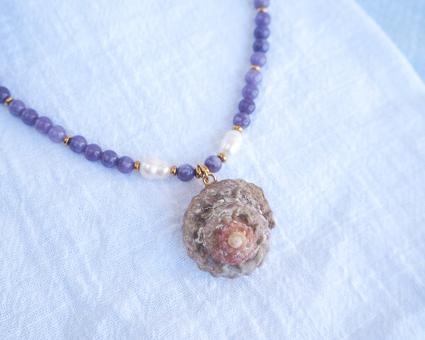BIG STAR SHELL NECKLACE ~ Amethyst Gemstones and Freshwater Pearls