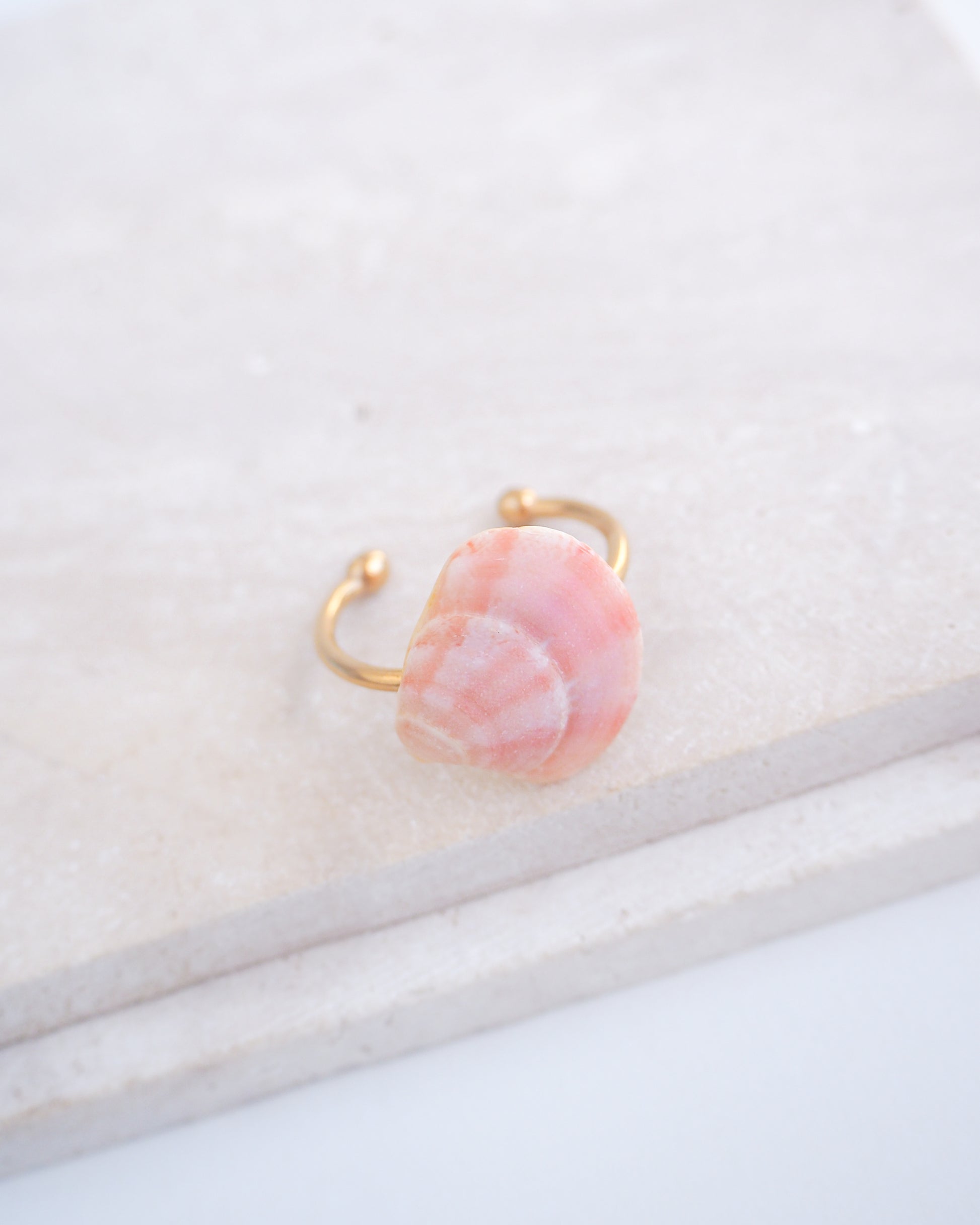 Side view of a tiny venus shell on gold ring. Made with a pink coral venus shell handpicked from Portugal and 18k gold stainless steel adjustable ring. 