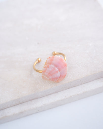 Side view of a tiny venus shell on gold ring. Made with a pink coral venus shell handpicked from Portugal and 18k gold stainless steel adjustable ring. 