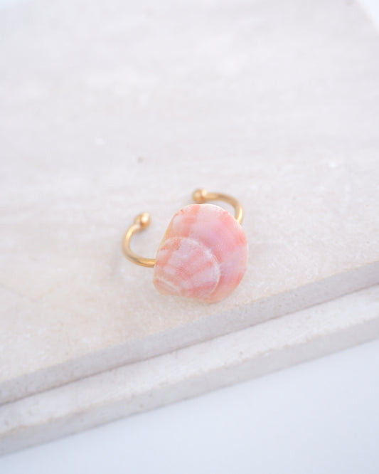 Side view of a tiny venus shell on gold ring. Made with a pink coral venus shell handpicked from Portugal and 18k gold stainless steel adjustable ring. 
