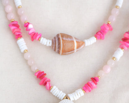 BIG MEDITERRANEAN SHELL NECKLACE ~ Rose Quartz Gemstones, Pink Stones and White Shell Beads