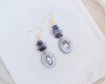 Gold hoop earring with shell and dark stones on cotton display. Gold Striped Limpet Shell Dark Grey Stone Drop Earrings. Gold hoops with real shells from Portugal. Made with 14k gold stainless steel hoop earrings.   