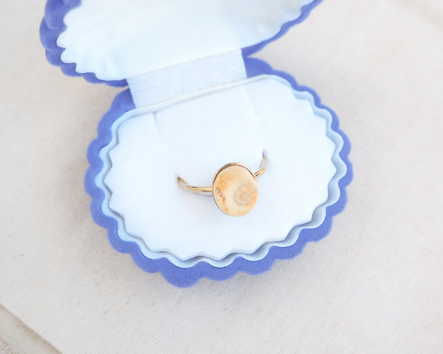 Gold tiny beige shiva eye ring on a white and blue scalloped jewelry dish.