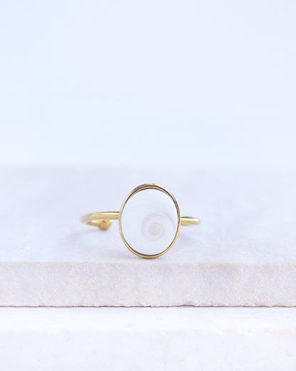 Front view of Gold bezel ring with a white shiva eye on stone displayed with light background. White Eye of Saint Lucia Gold Ring on stone displayed, 18k gold stainless steel shiva eye operculum, Saint Lucy Eye, operculum pendant