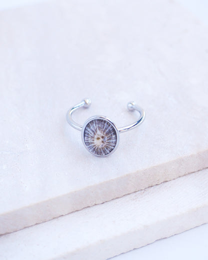 Side view of Silver Striped Limpet Shell Ring on display, Tiny Limpet Shell from Portugal set in a silver stainless steel bezel adjustable ring 