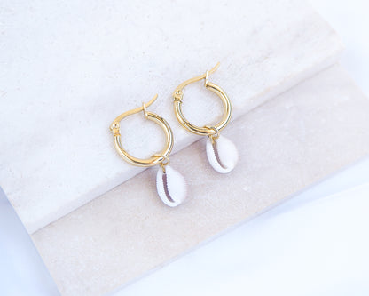 COWRIE SHELL EARRINGS ~ Gold Hoops