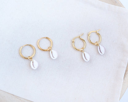 COWRIE SHELL EARRINGS ~ Gold Hoops