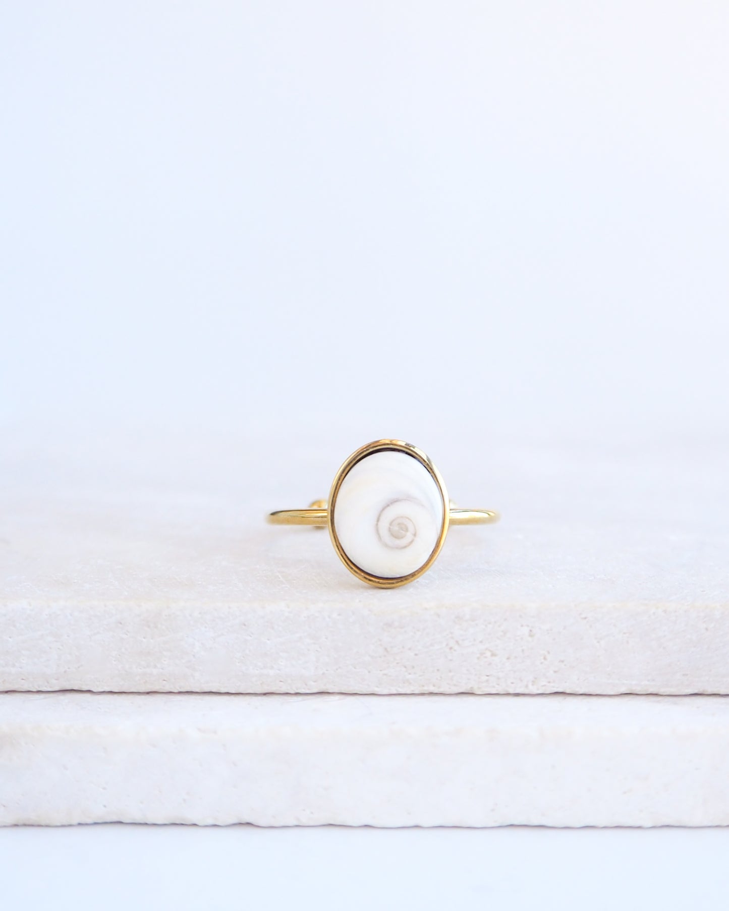 SEASHELL RING ~ Tiny White Eye of Saint Lucia Gold Bezel V