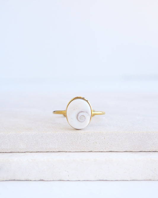 A gold ring featuring a white eye of saint lucia shiva eye shell inlay, displayed on a light textured stone surface against a soft white background.