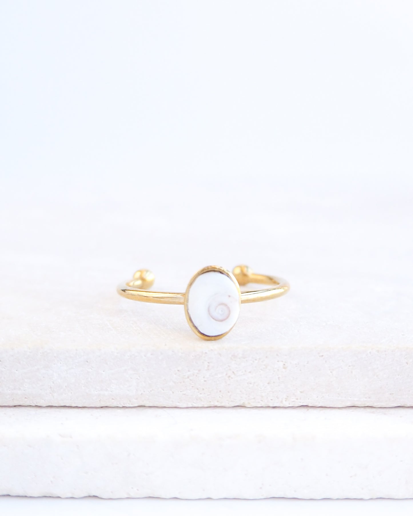 SEASHELL RING ~ Tiny White Eye of Saint Lucia Gold Bezel ~ XS