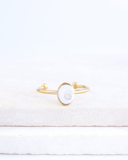 SEASHELL RING ~ Tiny White Eye of Saint Lucia Gold Bezel ~ XS
