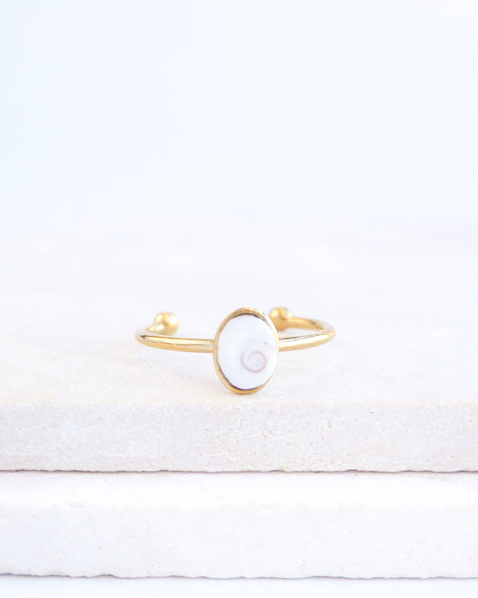 SEASHELL RING ~ Tiny White Eye of Saint Lucia Gold Bezel ~ XS