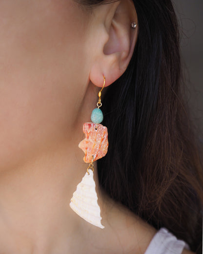 BOHO SEASHELL EARRINGS ~ Cockle Shells, European Thorny Oyster and Amazon Gemstones