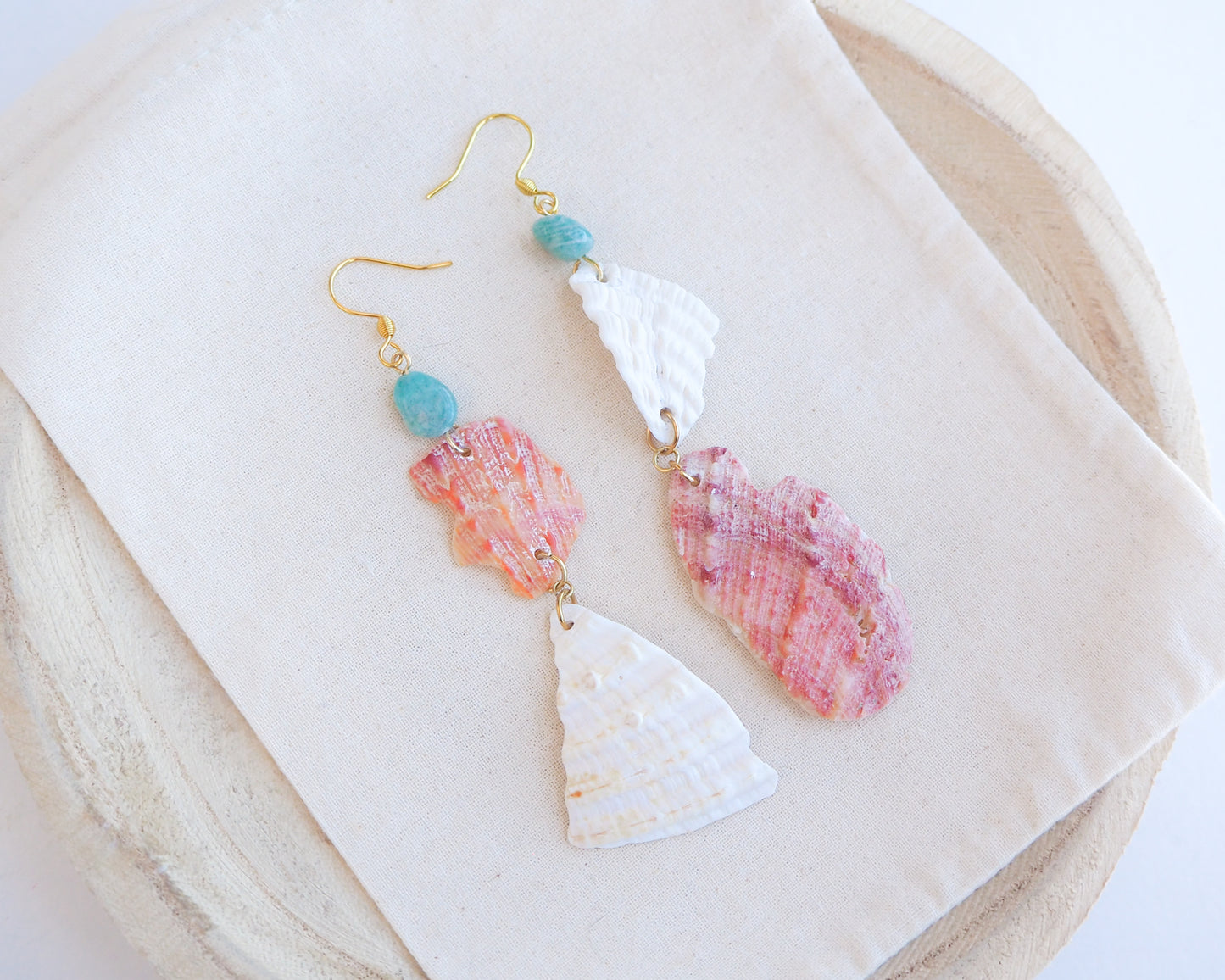 BOHO SEASHELL EARRINGS ~ Cockle Shells, European Thorny Oyster and Amazon Gemstones