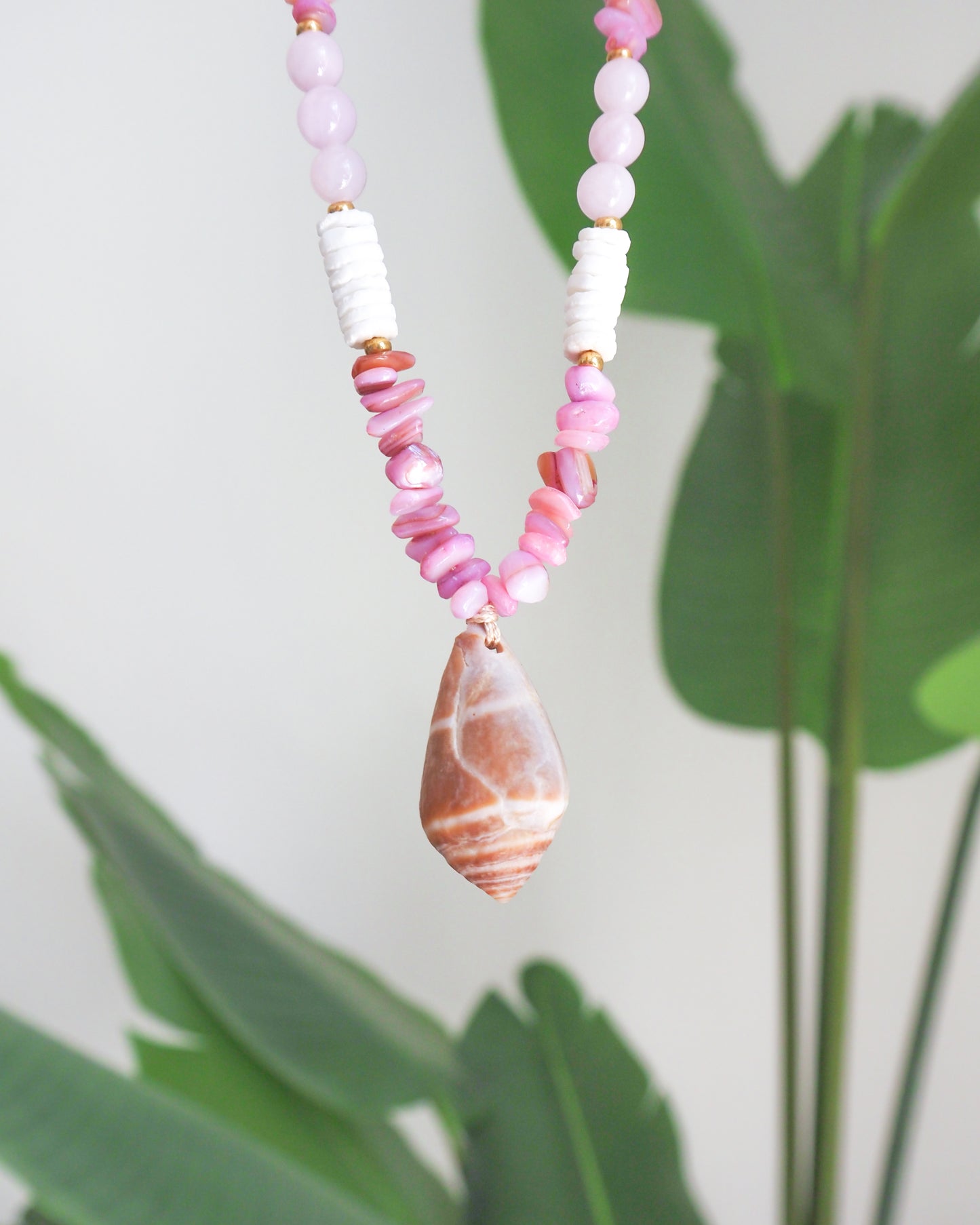 BIG CONE SHELL NECKLACE ~ Soft Pink Stones, Rose Quartz and White Shell Beads