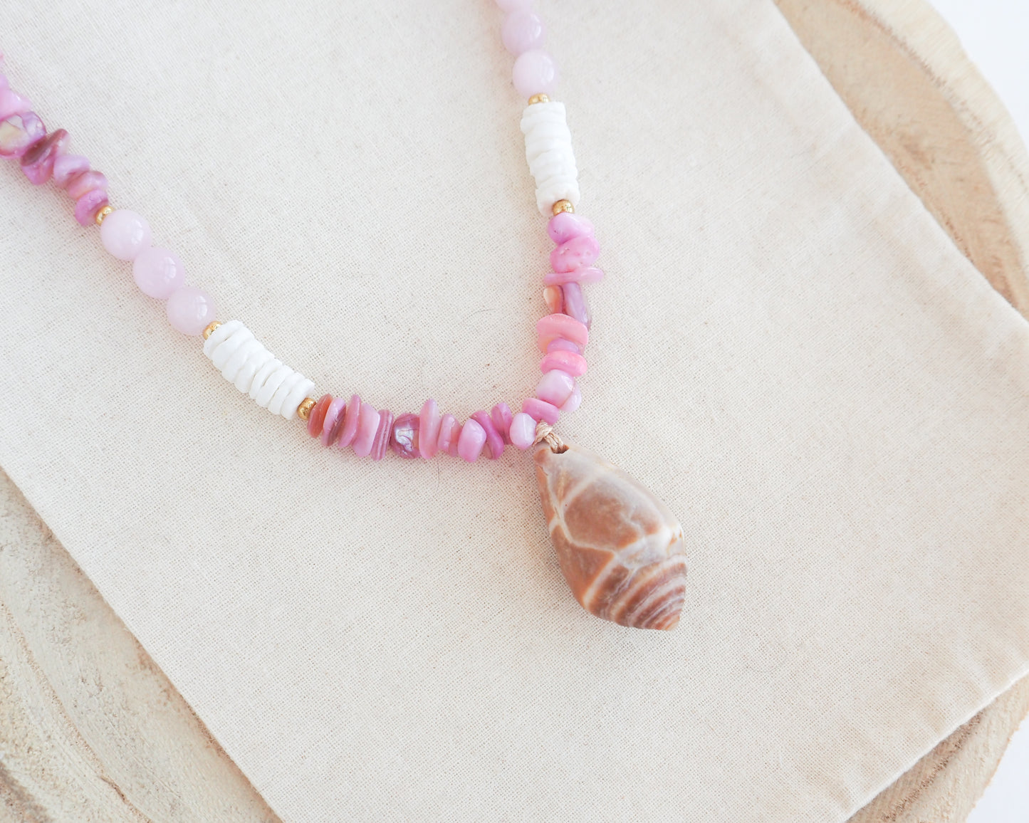 BIG CONE SHELL NECKLACE ~ Soft Pink Stones, Rose Quartz and White Shell Beads