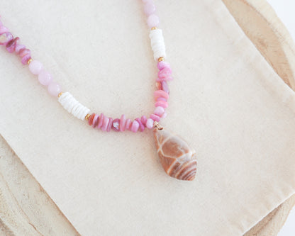 BIG CONE SHELL NECKLACE ~ Soft Pink Stones, Rose Quartz and White Shell Beads