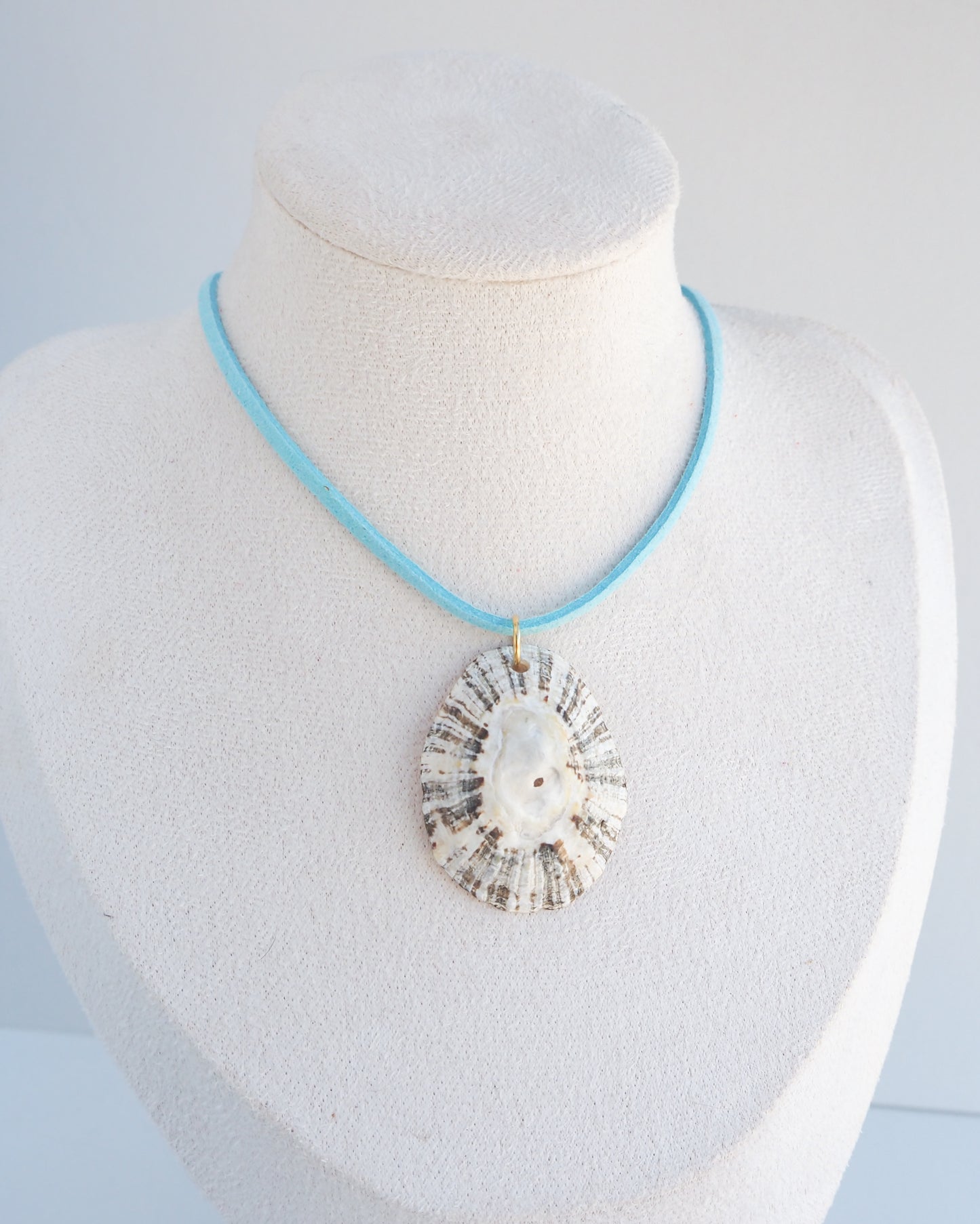 Mannequin with a seashell pendant necklace with a light blue cord and white beads, displayed on a textured cream fabric background. The shell is a limpet shell from Portugal and is about 5 cm. The color of the shell is dark and white and it has stripes. 