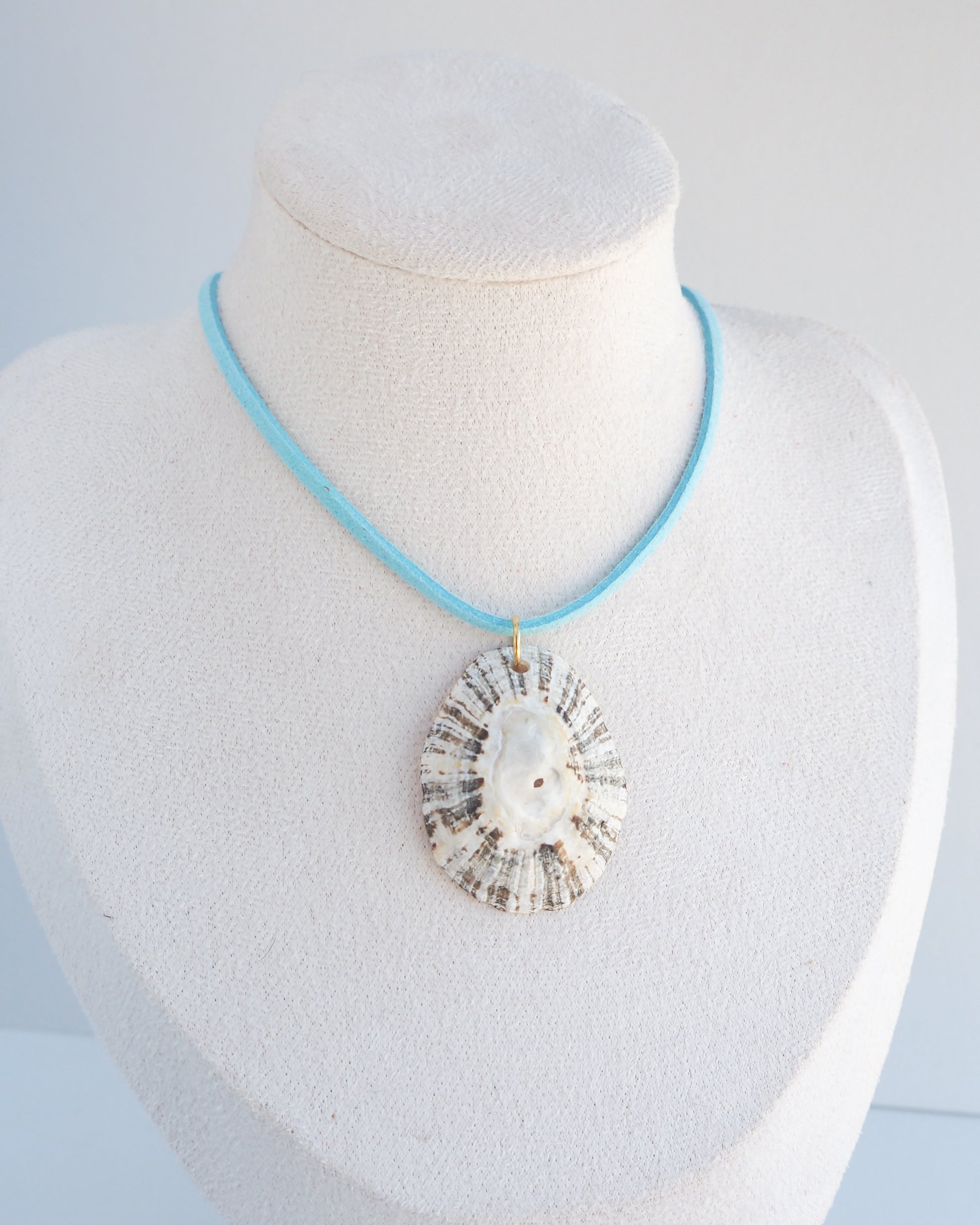 Mannequin with a seashell pendant necklace with a light blue cord and white beads, displayed on a textured cream fabric background. The shell is a limpet shell from Portugal and is about 5 cm. The color of the shell is dark and white and it has stripes. 