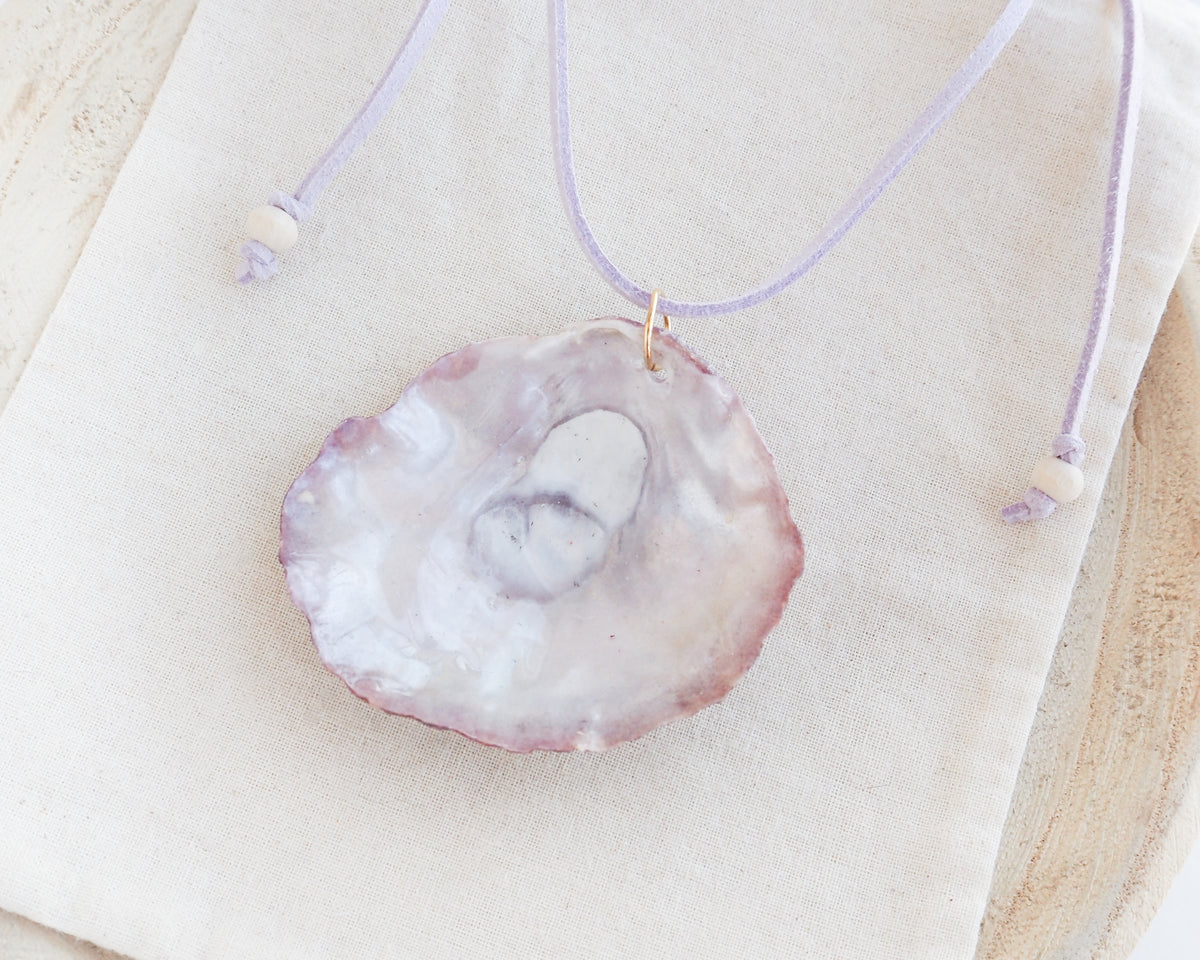 BIG PEARLY SHELL NECKLACE ~ Soft Lilac Pink Suede Cord
