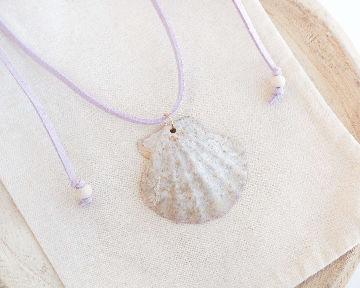 BIG SCALLOP SHELL NECKLACE ~ Soft Lilac Pink Suede Cord