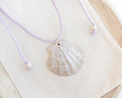 BIG SCALLOP SHELL NECKLACE ~ Soft Lilac Pink Suede Cord