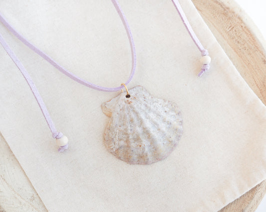 BIG SCALLOP SHELL NECKLACE ~ Soft Lilac Pink Suede Cord