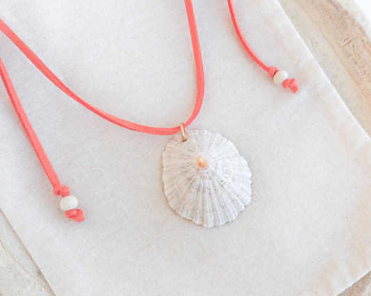 BIG LIMPET SHELL NECKLACE ~ Orange Suede Cord