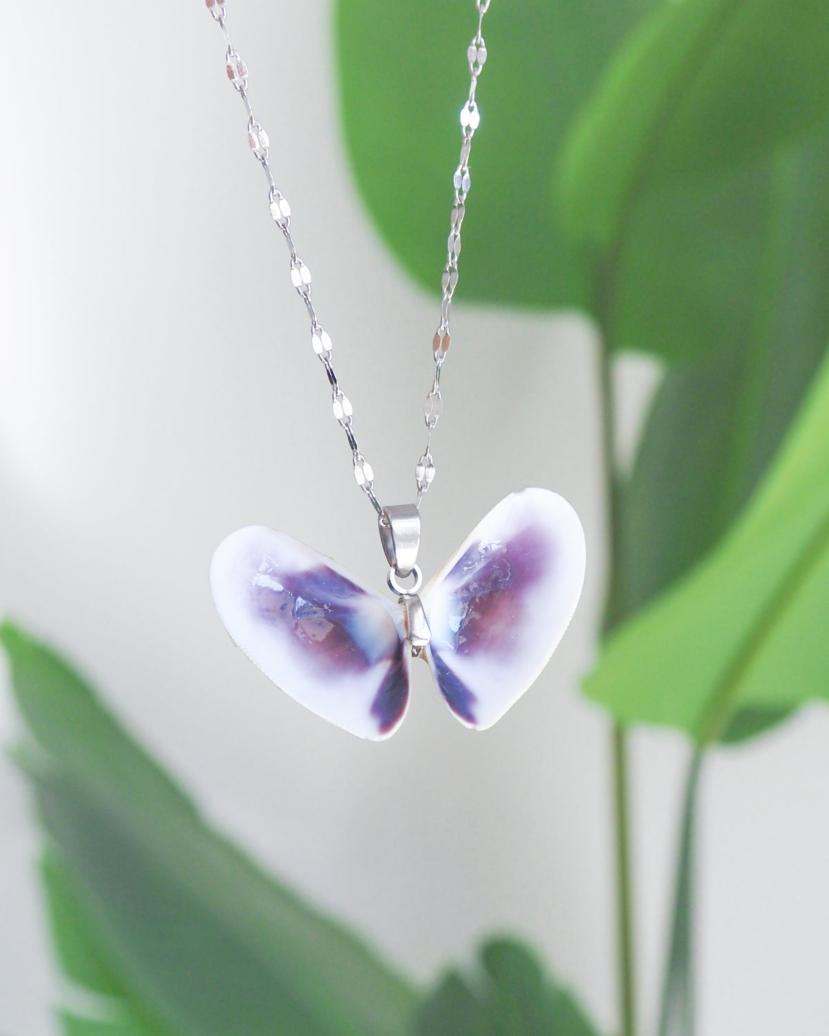 A silver deluxe chain necklace with a butterfly-shaped pendant necklace made from two white purple coquina shells, shown against a soft-focus background of green leaves.