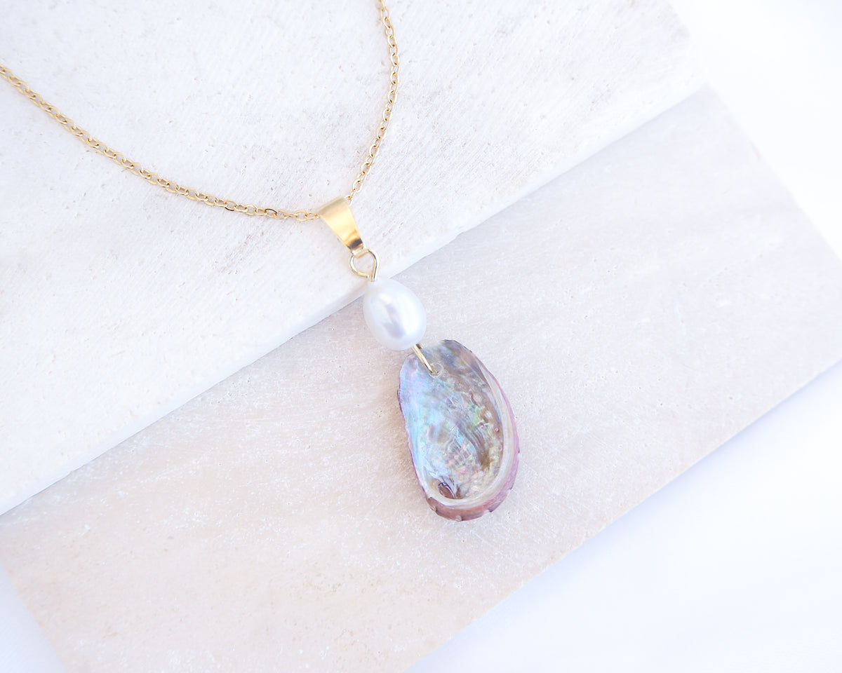 Tiny Abalone Shell Pearl Gold Necklace on display, Tiny Abalone Shell from Portugal, Green Ormer Shell, Sea by Lou, Shell and freshwater pearl necklace