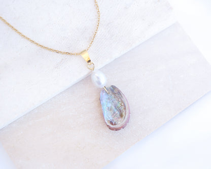 Tiny Abalone Shell Pearl Gold Necklace on display, Tiny Abalone Shell from Portugal, Green Ormer Shell, Sea by Lou, Shell and freshwater pearl necklace