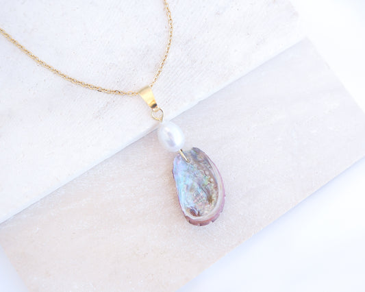 Tiny Abalone Shell Pearl Gold Necklace on display, Tiny Abalone Shell from Portugal, Green Ormer Shell, Sea by Lou, Shell and freshwater pearl necklace